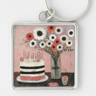 Chic Birthday Cake and Gerbera Blooms Key Ring