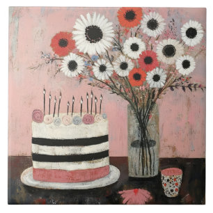 Chic Birthday Cake and Gerbera Blooms Tile