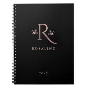 Chic Black and Faux Rose Gold R Letter Monogram Notebook