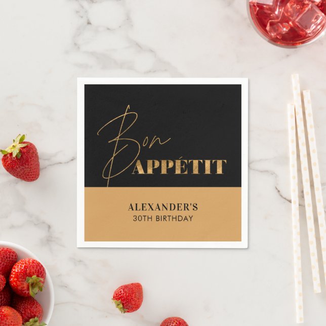 Chic Black and Gold Bon Appétit Script Birthday  Napkin (Insitu)