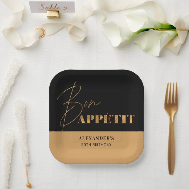 Chic Black and Gold Bon Appétit Script Birthday  Paper Plate (Wedding)