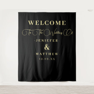 Chic Black and Gold Calligraphy Wedding Welcome Tapestry