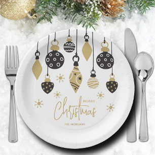 Chic Black and Gold Christmas Ornaments Paper Plate