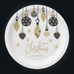 Chic Black and Gold Christmas Ornaments Paper Plate<br><div class="desc">Black and gold Christmas tree ornaments and snowflakes highlight these holiday party paper plates with your name and Merry Christmas in chic lettering. Perfect for your personal or business holiday parties. Available in 2 sizes. MATCHING items in our collection.</div>