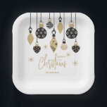 Chic Black and Gold Christmas Ornaments Paper Plate<br><div class="desc">Black and gold Christmas tree ornaments and snowflakes highlight these square holiday party paper plates with your name and Merry Christmas in chic lettering. Perfect for your personal or business holiday parties. MATCHING items in our collection.</div>