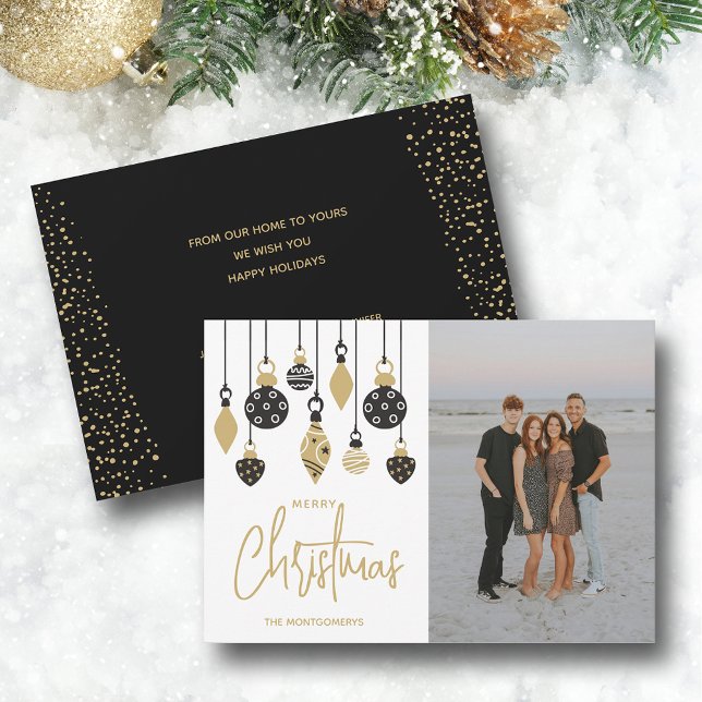 Chic Black and Gold Christmas Tree Ornaments Holiday Card (Black and gold Christmas tree ornaments photo greeting cards, PRINTED and/or INSTANT DOWNLOAD)