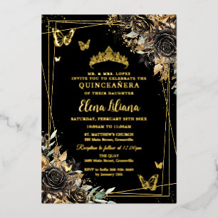 Chic Black and Gold Floral Butterflies Quinceañera