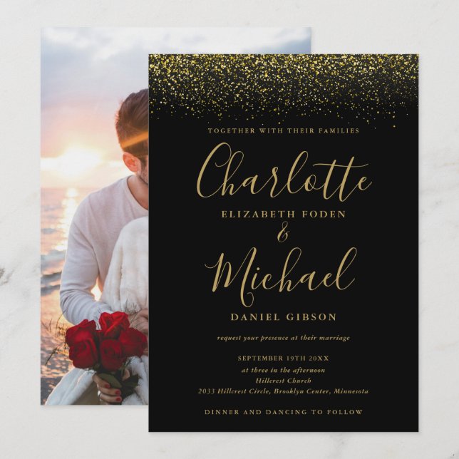 Chic Black And Gold Glitter Script Photo Wedding Invitation (Front/Back)