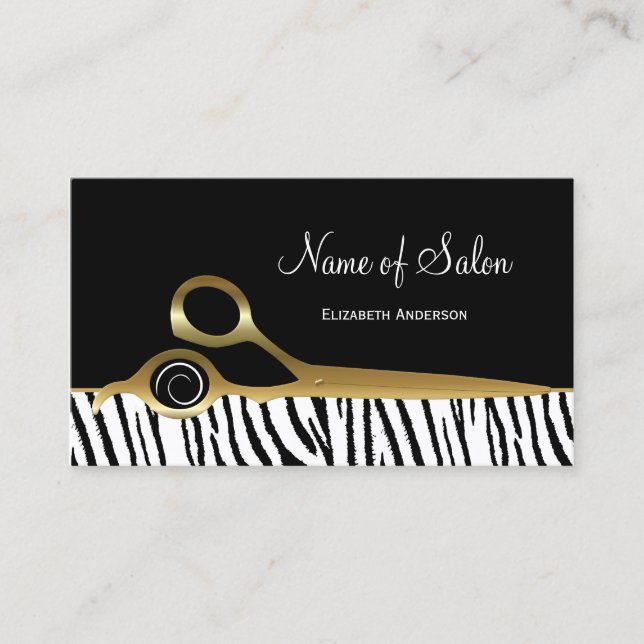 Chic Black and Gold Hair Salon White Tiger Stripes Business Card (Front)