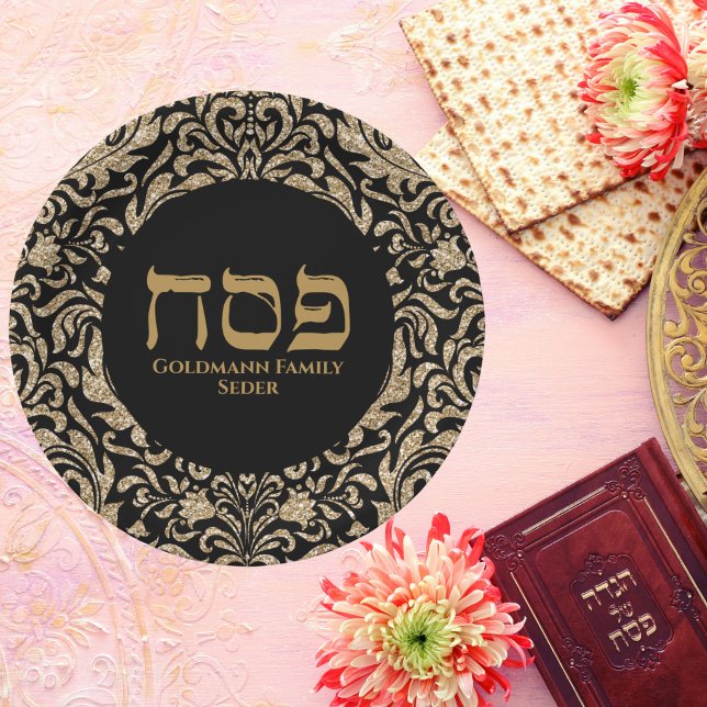 Chic Black and Gold Hebrew Pesach Passover  Paper Plate (Creator Uploaded)