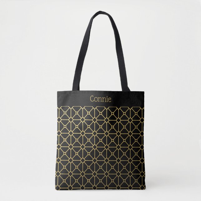 Chic Black and Gold Pattern Personalised Tote Bag (Front)