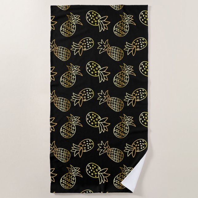 Chic Black And Gold Pineapple Beach Towel (Front)