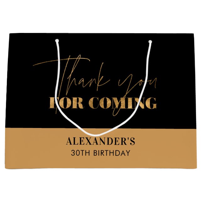 Chic Black and Gold Script Birthday Thank you Large Gift Bag (Front)