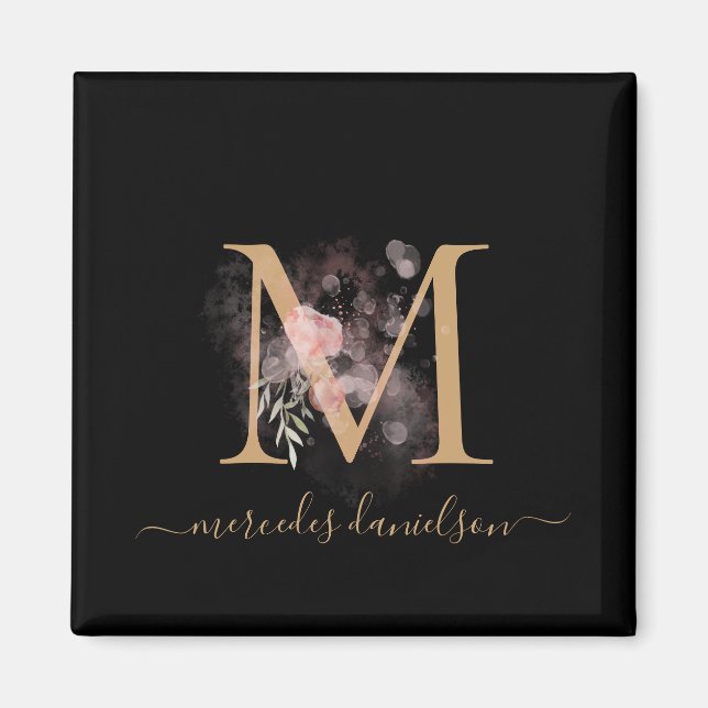 Chic Black and Gold Script Floral Monogram Magnet (Front)