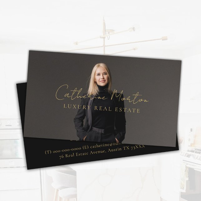 Chic Black and Gold Script Luxury Real Estate  Business Card (Luxury Gold Realtor Photo Real Estate Business Card)
