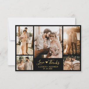 Chic Black and Gold Script Photo Collage Wedding Thank You Card