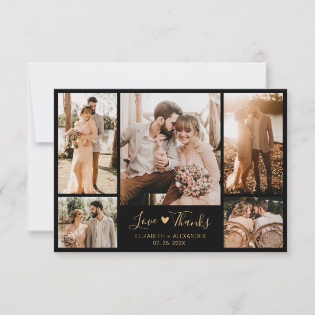 Chic Black and Gold Script Photo Collage Wedding  Thank You Card (Front)