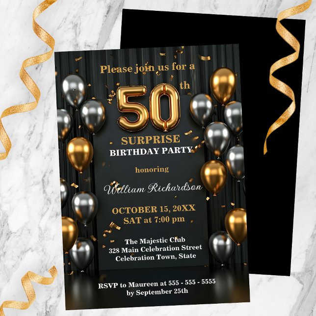 Chic Black and Gold Silver Balloon 50th Birthday Invitation (Creator Uploaded)