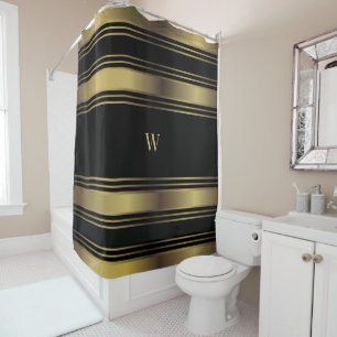Chic Black And Gold Stripes Monogrammed Shower Curtain