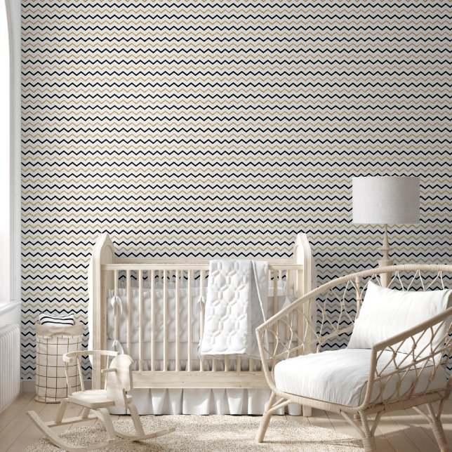 Chic Black and Gold Zigzag Lines Pattern Wallpaper (Kids)