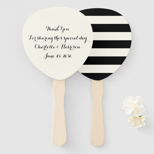 Chic black and ivory stripes custom script wedding hand fan (Front and Back)