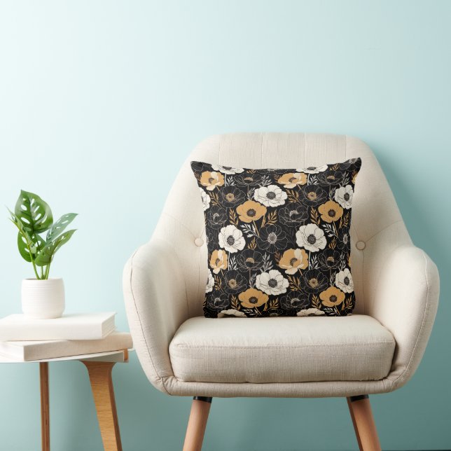 Chic Black and Mustard Anemones Cushion (Chair)
