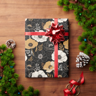 Chic Black and Mustard Anemones Wrapping Paper