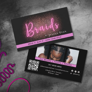 Chic Black and Neon Pink Hair Braiding Salon Photo Business Card
