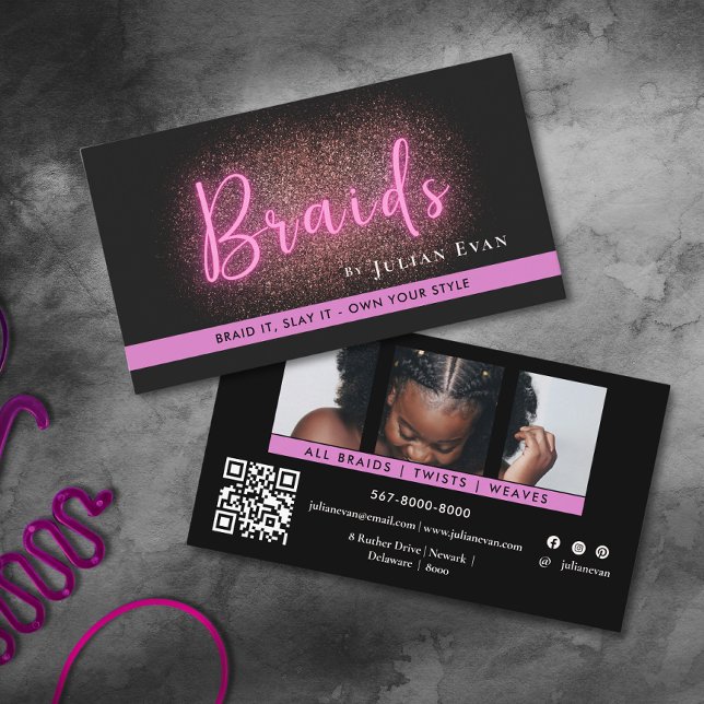 Chic Black and Neon Pink Hair Braiding Salon Photo Business Card (Chic Black and Neon Pink Hair Braiding Salon Photo Business Card)