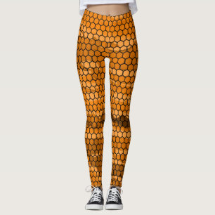 Chic Black And Orange Honeycomb Patterned  Leggings