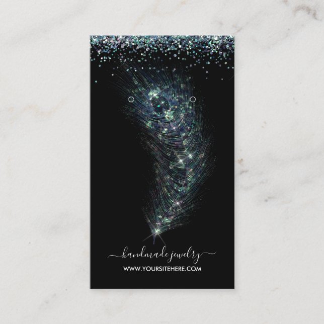 Chic Black and Peacock Glitter Earring Display Business Card (Front)