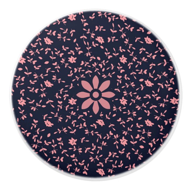 Chic Black and Pink Botanical Ceramic Cabinet Knob (Front)