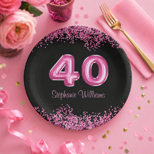Chic Black and Pink Glitter 40th Birthday Party Paper Plate
