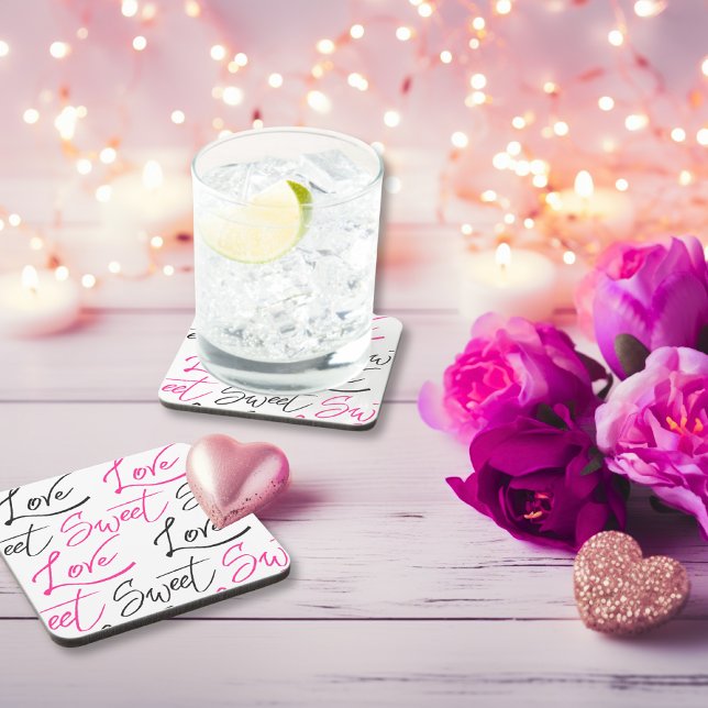 Chic Black and Pink Love and Sweet Pattern Coaster (Chic Black and Pink Love and Sweet Pattern Beverage Coaster)