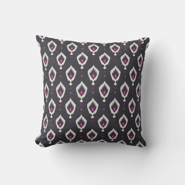 Chic black and purple ikat tribal patterns cushion (Front)