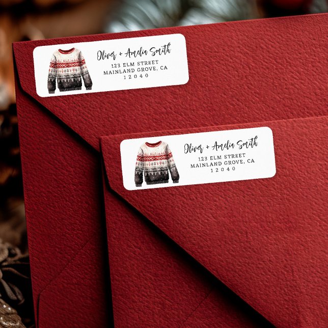 Chic Black and Red Christmas Sweater Return Addres (Bold & festive 🎄 Send your holiday cheer with this chic black and red sweater label.)