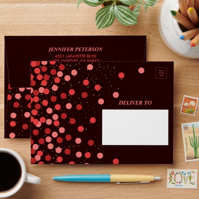 Chic Black and Red Confetti Birthday Envelope (Desk)