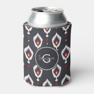 Chic black and red ikat tribal pattern monogram can cooler