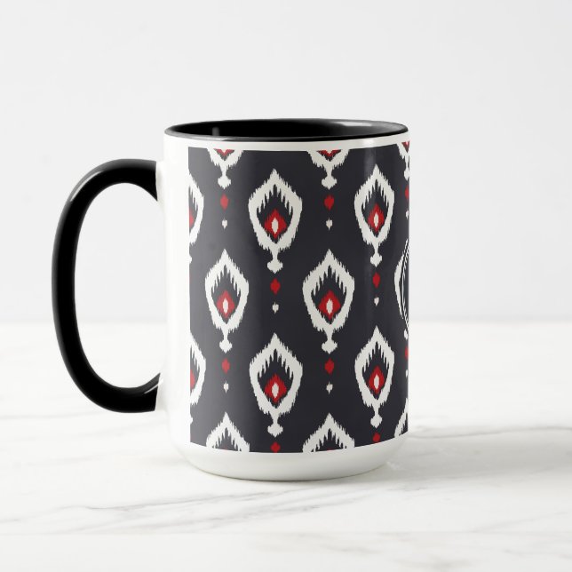 Chic black and red ikat tribal pattern monogram mug (Left)