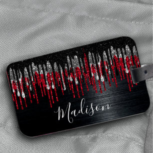 Chic black and red silver glitter drips monogram luggage tag