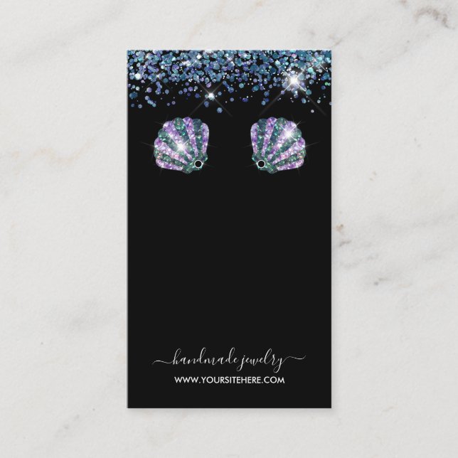 Chic Black and Seashell Glitter Earring Display Business Card (Front)