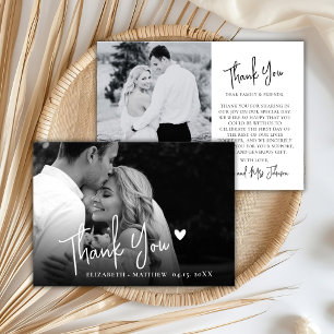 Chic Black and White 2 Photo Script Wedding Thank You Card