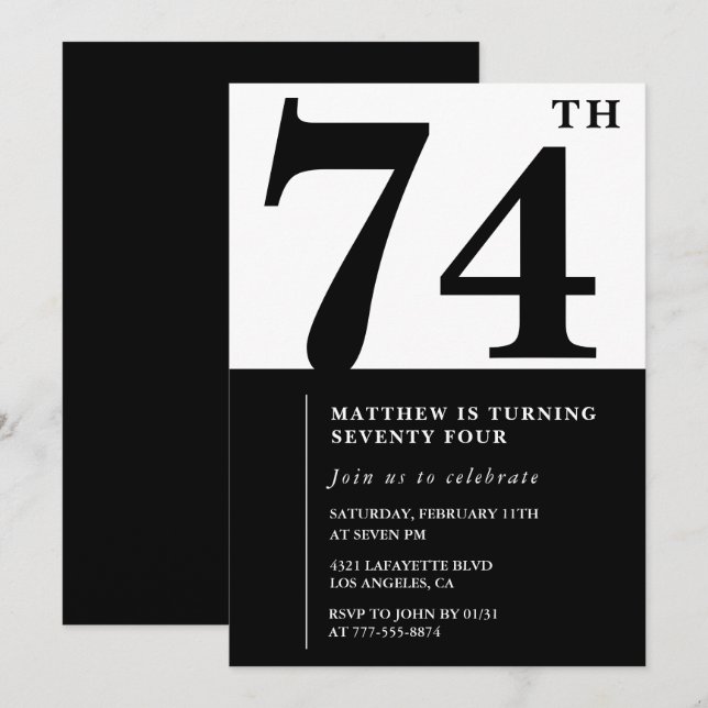 Chic Black and White 74th birthday invitation (Front/Back)