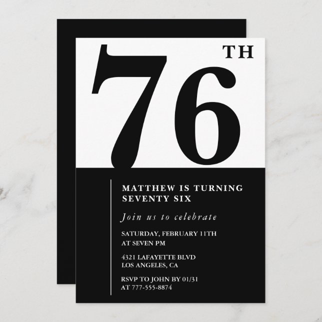 Chic Black and White 76th birthday invitation (Front/Back)
