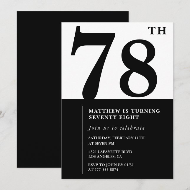 Chic Black and White 78th birthday invitation (Front/Back)
