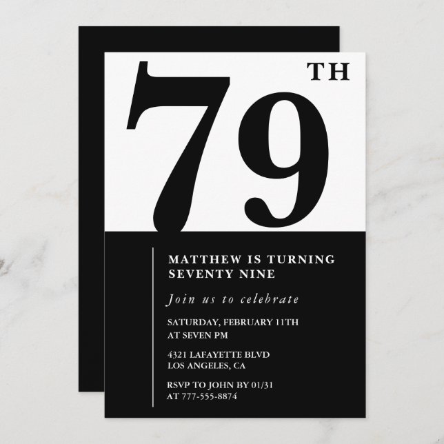 Chic Black and White 79th birthday invitation (Front/Back)