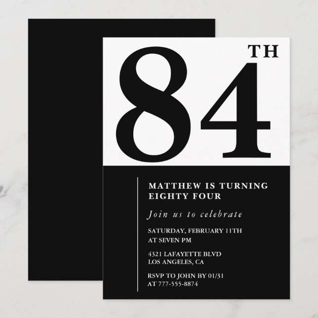 Chic Black and White 84th birthday invitation (Front/Back)