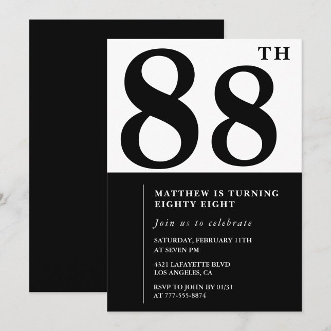 Chic Black and White 88th birthday invitation (Front/Back)