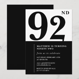 Chic Black and White 92nd birthday invitation