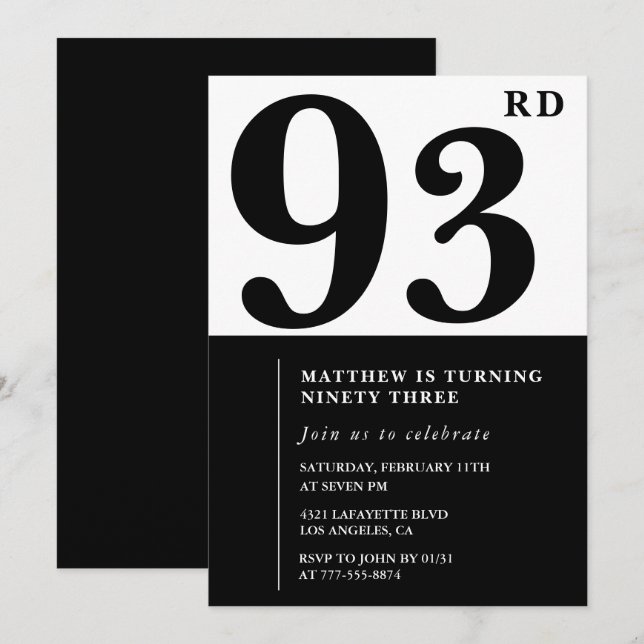 Chic Black and White 93rd birthday invitation (Front/Back)